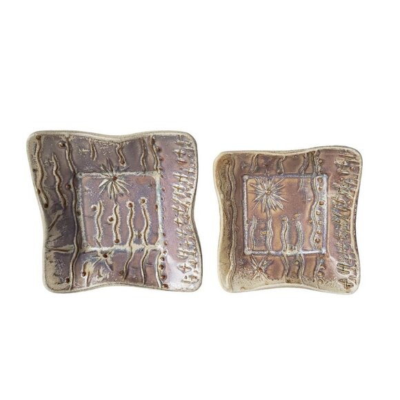 Art Pottery 2 Mini Trinket Dishes Handmade Abstract Design Neutral Colour - Picture 1 of 10